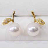 ［pearl553］ 7.5mm -  8mm パール ピアス リンゴ ダイヤ あこや真珠 K18YG 0.02ct ダイヤモンド 珍珠 天草