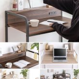 デスク チェア おしゃれ 北欧 Keily スチール 木目柄天板 コンパクト 幅80×45 高さ87cm ナチュラル×ホワイト PC パソコン 棚付き コンセント2口付き スマホ充電