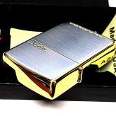 ZIPPO ライター シルバーサテン ゴールドアクセント ジッポ ロゴ 彫刻 おしゃれ シンプル 金銀 レディース メンズ かっこいい ギフト プレゼント