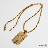 ステンレス ドッグタグネックレス ゴールド クロス メンズ ペンダント 十字架 ストーン プレート タグネックレス 男性用 アクセサリー 金色 バイカラー 格子柄 重厚感 存在感 カジュアル ストリート ヒップホップ 装飾