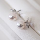 ［pearl553］ 7.5mm -  8mm パール ピアス リンゴ ダイヤ あこや真珠 K18WG 0.02ct ダイヤモンド 珍珠 天草