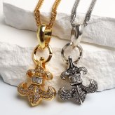 ステンレス フレアネックレス パヴェ 2カラー ダブル喜平 メンズ ペンダント 百合の紋章 ストーン ゴールド シルバー 首飾り アクセサリー 男性用 ユリモチーフ 存在感 重厚 華やか クラシカル チェーン 胸元 個性的 男性