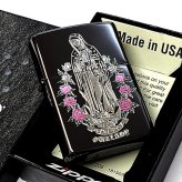 ZIPPO マリア＆ローズ ブラックニッケル ピンク ジッポー ライター 黒 エッチング彫刻 アベマリア おしゃれ バラ ギフト プレゼント Ave Maria 薔薇 メンズ レディース