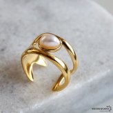 ステンレス 一粒 パールリング ゴールドリング ワイドリング 幅広 ゴールド 18K GP フリーサイズ レディース 女性 指輪 金属アレルギー対応