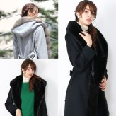 Filomo ミンク トリミング ロング コート カシミヤ ブレンド ウール レディース フード 付き 着丈120cm モカ/ライトグレー/ブラック M/L Aライン 秋 冬 ファー付き ベルト付き 卒業式 入学式 母 ギフト プレゼント 7F (02000200r)