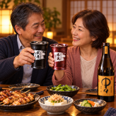 卒業 退職 名入れ ペアギフト SXX 酒セット 麦焼酎 黒木本店 中々 720ml & 有田焼 二重構造 保温保冷 タンブラーカップ 茶 黒 2点 紐リボン・コサージュ付 ギフトBOX入り / プレゼント ギフト 夫婦 結婚 金婚式 銀婚式 退職 記念 誕生日 長寿 祝い
