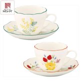 日比谷花壇 花言葉 ペアカップソーサーセット ミモザ チューリップ マグカップ 陶器 陶磁器 食器 化粧箱入り【北海道・沖縄県・離島 配送不可】