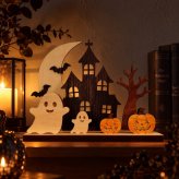 月夜のお化け屋敷　　国産紀州熊野檜・シナ ハロウィン かぼちゃ 飾り 置物 インテリア 木製 ナチュラル 大人 ギフト プレゼント コンパクト 省スペース リビング 玄関 男の子 女の子 可愛い