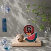 夏涼みの組み木｜国産ヒノキ｜ブタ・スイカ・うちわの夏飾り｜木製インテリア・置き物｜ハンドメイド
