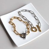 ステンレス マンテルブレスレット バイカラー 2カラー レディース ペーパークリップチェーン Hクリップ 腕輪 トグル 留め具 オーバルリンク 大ぶり 太め シンプル おしゃれ 上品 きれいめ カジュアル モード アクセサリー 女性