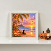 ハロウィン アートポスター 絵画 インテリア 黒猫 猫 ハワイ 夕焼け 海 おしゃれ かわいい 秋の飾り 玄関 リビング 壁掛け 天然木フレーム 選べる 額入り 猫好き 誕生日 プレゼント