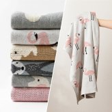 洗えるベビーブランケット 約80×100cm コットン100％ ニット生地 ポーチ付き ギフト 出産祝い プレゼント アニマル