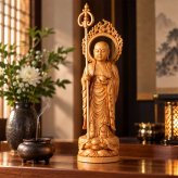 地蔵菩薩 仏像 木彫り 天然木 光背付き 21cm お地蔵様 地蔵尊 仏壇 守護 供養