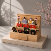 木製花雛三段飾り｜国産ヒノキのひな人形｜三人官女・御所車・お道具付き｜ひな祭り・桃の節句・初節句