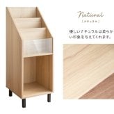 収納家具 ラック レコード ディスプレイ 本棚 おしゃれ ビンテージ モダン Calmato ヴィンテージ マガジン 斜めカットデザイン 木目柄 ブラウン 幅35.5 高さ100 ガラス板 LP 雑誌 絵本 写真集 収納棚