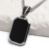 ステンレス ブラック ストーンネックレス ペンダントネックレス 小ぶり シンプル ダブル喜平チェーン 細身 シルバー メタル 小さい プレート 四角 長方形 幾何学 メンズ 男性 金属アレルギー対応