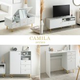 デスク チェア PC パソコン 勉強机 机 つくえ テーブル ドレッサー Camilla カミラ 大理石柄 収納 引き出し コンパクト スリム コンセント穴 省スペース 小さめ 大理石調 コード収納 コード穴 コードスリット 金脚 新生活