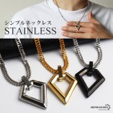 ステンレス ダイヤ 多角形 ペンダントネックレス シンプルネックレス 小ぶり ダブル喜平チェーン 細身 ゴールド 18KGP シルバー ブラック 図形 小さい メタル 幾何学 メンズ 男性 金属アレルギー対応