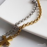 ステンレス きらきら 可愛い クロスブレスレット チェーンブレスレット お洒落 華奢 細身 ゴールド 18KGP シルバー ロールチェーン 十字架 ストーン シンプル ワンポイント レディース 女性 金属アレルギー対応