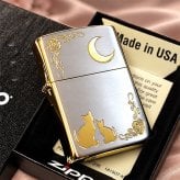 ZIPPO ライター ネコ シルバー ジッポ 猫 可愛い ゴールド 月 薔薇 銀金 女性 ねこ かわいい バラ ギフト プレゼント おしゃれ レディース