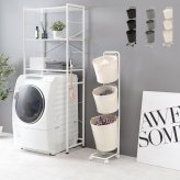 ラック ランドリー 3段 幅36.5cm カゴ 洗濯かご 4個つき 洗濯機 収納 おしゃれ スリム 縦型 洗濯機収納 ランドリー収納 ホワイト グレー 収納棚 洗濯物 洗面所 脱衣所 新生活