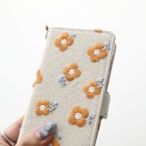 多機種対応 スマホケース 手帳型 【 オレンジ レトロフラワー 刺繍 】 スマホショルダー サイドマグネット ニュアンスカラー