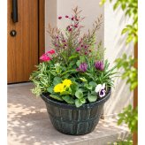 季節の寄せ植え アンティーク柄 軽量プラスチック鉢 内径24cm  （グリーン ・4色展開）６～7種類のお花で構成 ラッピング不可 ギフトメッセージOK