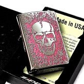 ZIPPO ライター スカル 細密メタル 両面加工 シルバー＆ピンク ジッポ ロゴ ドクロ 裏面柄違い 彫刻 ガイコツ おしゃれ かっこいい メンズ プレゼント ギフト