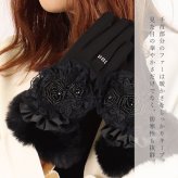 手袋 レディース かわいい おしゃれ 暖かい 冬 防寒 あったか ラインストーン ファー 薔薇 バラ ビーズ リボン プレゼント【LALUICE ラルイス】