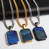 ステンレス ラピスラズリ ペンダントネックレス ストーンネックレス 小ぶり シンプル ダブル喜平チェーン 細身 ゴールド 18KGP シルバー ブラック メタル 小さい プレート 四角 長方形 幾何学 メンズ 男性 金属アレルギー対応