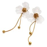 ステンレス お花のピアス 18KGP 両耳用 2点セット レディース フラワー ロング 揺れる ホワイト ゴールドカラー 大ぶり 花びら 立体 透明感 上品 華やか 大人可愛い フェミニン 耳飾り アクセサリー 存在感 ボリューム