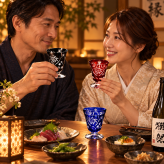 退職 異動 名入れ ペアギフト SXX 酒セット 日本酒 八海山 純米大吟醸・大吟醸 ひょうたん瓶 180ml & 切子 足付 お猪口 2点 コサージュ付 ギフトBOX入り / プレゼント ギフト 夫婦 結婚 金婚式 銀婚式 退職 記念 誕生日 長寿 祝い 冷酒盃 赤 青 黒 選べるカラー 飲み比べ