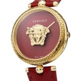 ヴェルサーチェ 腕時計 レディース レッド ゴールド 34mm VERSACE PALAZZO EMPIRE パラッツォ エンパイア 立体 メデューサ 赤 レザー 革ベルト スイス製 高級 ブランド おしゃれ プレゼント ギフト 卒業 入学 お祝い