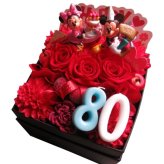 80歳 お祝い 傘寿お祝い 記念日 ミッキー ミニー 花束風 ご希望数字入りプレゼント 箱を開けてサプライズ ボックスフラワー ピンクバラ プリザーブドフラワー入
