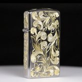 Zippo ライター ジッポライター 愛煙家 喫煙 真鍮 クロムサテーナ クロムメッキ スリムタイプ #1600 スクロール プルメリア 5面手彫り ハワイアンジュエリー おしゃれ かっこいい ジッポーライター BY THE SEA バイザシー 彼氏 夫 男性 メンズ ハロウィン 【品番：FL104C】