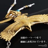 ステンレス ゴールド 特大イーグルネックレス フェザーネックレス インディアンジュエリー ペンダントネックレス メンズネックレス 18KGP 太角 あずきチェーン 細身 羽根 精巧 立体的 かっこいい 男性 金属アレルギー対応
