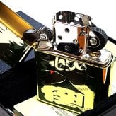 ZIPPO ライター 和柄 七転八倒 漢字 ジッポ 四字熟語 ゴールド 彫刻 ユーモア 色差し グリーン おしゃれ ギフト エッチング かっこいい 緑 金 プレゼント メンズ