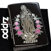 ZIPPO マリア＆ローズ ブラックニッケル ピンク ジッポー ライター 黒 エッチング彫刻 アベマリア おしゃれ バラ ギフト プレゼント Ave Maria 薔薇 メンズ レディース