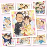 結婚式のプレゼントに、思い出を鮮やかに残す似顔絵。相談しながら作れる、あたたかな似顔絵ギフトです。 似顔絵 ギフト 結婚式 贈り物 プレゼント 名入れ 手描き 結婚式 ブライダル 記念 婚礼 ウェディング 新郎 カップル 新婦 両親 下書き確認 修正無料 名入れ 喜ばれる 宝物 実績多数 サプライズ 一生もの ウェディング 結婚式 思い出 記念日 イラスト カラフル 百寿祝い 卒寿祝い