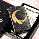 ZIPPO ライター ジッポ ネコ 猫 キャット ムーン 可愛い 三日月 ブラックニッケルサテン ムーンライトラヴァーズ ねこ 動画有り メンズ ギフト レディース プレゼント