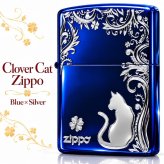 ZIPPO ライター ねこ キャット ジッポ 猫 クローバー 青 ロゴ 四つ葉 かわいい おしゃれ ジッポー ブルー 銀差し ネコ 可愛い 女性 レディース メンズ ギフト プレゼント