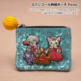 タマオワールド スパンコール刺繍ポーチ Picnic POC3667 ネコポス 送料無料 ポーチ 小物入れ 猫 ネコ ねこ レディース 刺繍 ファスナー スパンコール キーケース ハナカラクサ