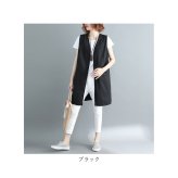 ロングベスト 通販 ロングジレ ベスト トレンチベスト ジレンチ無地 Ｖネックボタン おしゃれ ゆったり 大人カジュアル 通勤オフィス 20代30代40代 春夏秋 重ね着トップス ノースリーブ きれいめ上品 ブラック
