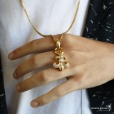 ステンレス フレアネックレス パヴェ 2カラー ダブル喜平 メンズ ペンダント 百合の紋章 ストーン ゴールド シルバー 首飾り アクセサリー 男性用 ユリモチーフ 存在感 重厚 華やか クラシカル チェーン 胸元 個性的 男性