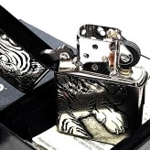 ZIPPO 守護虎 大型メタル貼り タイガー 和柄 クロームイブシバレル 銀 ライター 虎 縁起物 ジッポ アンティーシルバー  日本 おしゃれ 虎彫刻 かっこいい 渋い ギフト メンズ プレゼント