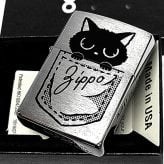 ZIPPO ライター ポケにゃん子 ネコ ジッポ かわいい シルバーサテン おしゃれ 黒猫 ギフト レディース プレゼント 女性