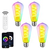 スマート電球 LED E26 4個セット エジソン電球 フィラメント ST64 RGBCW 1600万色 調光調色 Wi-Fi Bluetooth Alexa Google Home 音声操作 スマホ アプリ操作 リモコン付き 40W形相当 タイマー おしゃれ レトロ 間接照明 天井照明 裸電球 省エネ 長寿命 新生活 新居 引越し