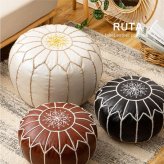プフ スツール ルタ 直径約50cm Lサイズ 円形 クッション オットマン フェイクレザー 合皮 モロッカン 刺繍 フェイクレザーのモロッカンプフ 椅子 イス チェア 家具 インテリア PUレザー アイボリー ブラウン ブラック 新生活
