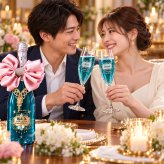 卒業 退職 名入れ ペアギフト SXX 酒セット スパークリングワイン シャンパン ブルー・オブ・マリア 750ml & おまかせシャンパングラス 2点 デコ仕上げ ボトルネックレス・リボンコサージュ付 布張りBOX入り / プレゼント ギフト 両親 夫婦 結婚 金婚式 銀婚式 退職 記念 誕生日 長寿 祝い