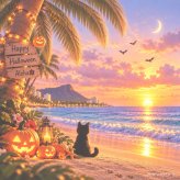 ハロウィン アートポスター 絵画 インテリア 黒猫 猫 ハワイ 夕焼け 海 おしゃれ かわいい 秋の飾り 玄関 リビング 壁掛け 天然木フレーム 選べる 額入り 猫好き 誕生日 プレゼント
